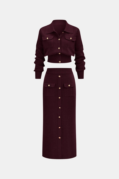 Kharis - Komplet damski dzianinowy | Krótki kardigan z guzikami, spódnica midi z wysokim stanem | Elegancki styl casual