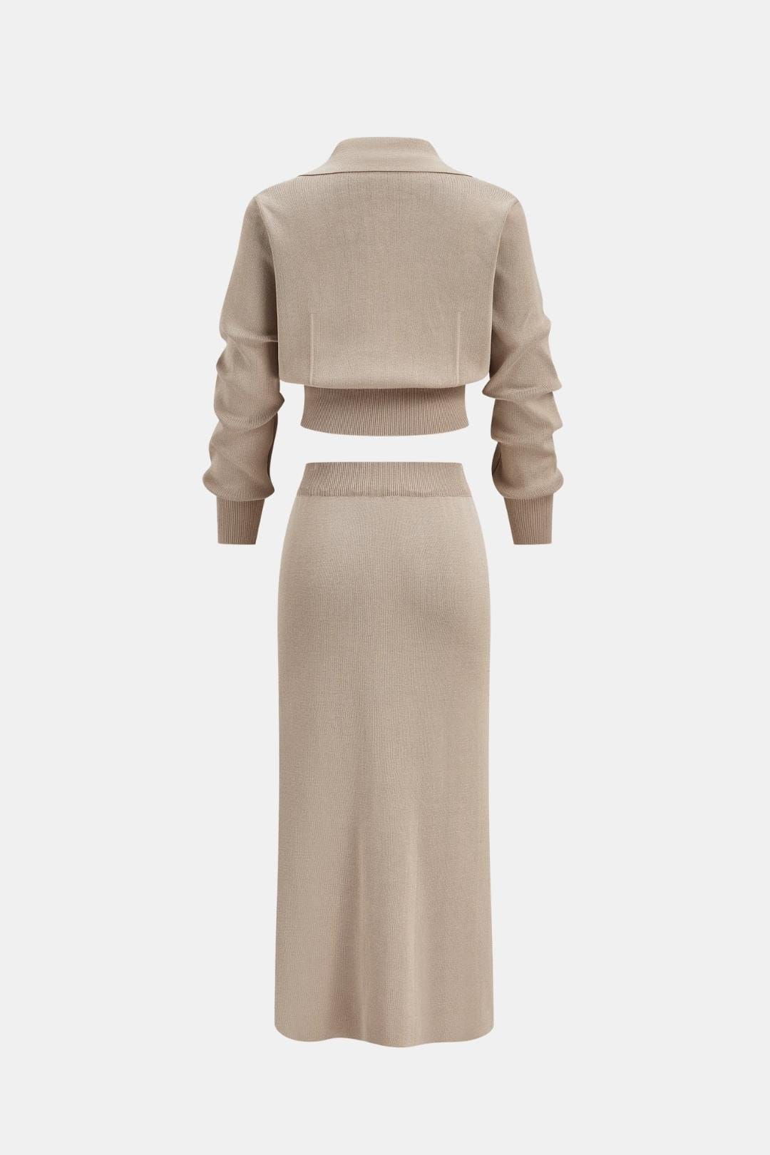 Kharis - Komplet damski dzianinowy | Krótki kardigan z guzikami, spódnica midi z wysokim stanem | Elegancki styl casual