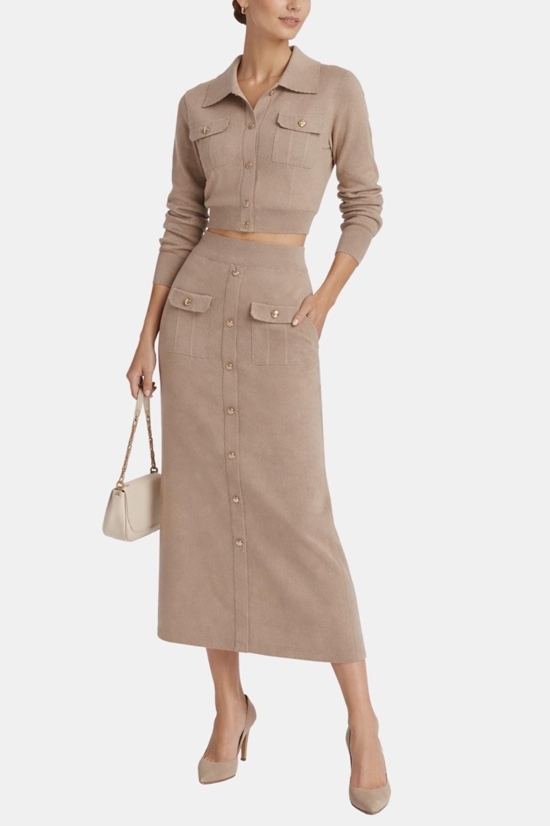 Kharis - Komplet damski dzianinowy | Krótki kardigan z guzikami, spódnica midi z wysokim stanem | Elegancki styl casual