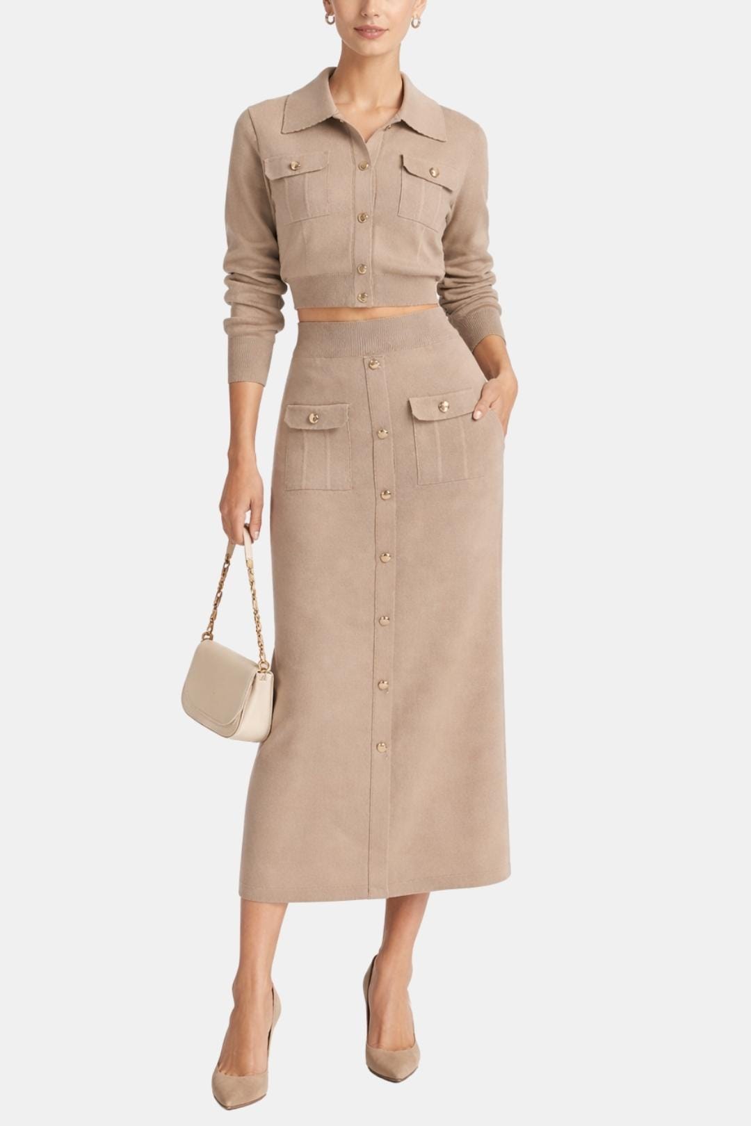 Kharis - Komplet damski dzianinowy | Krótki kardigan z guzikami, spódnica midi z wysokim stanem | Elegancki styl casual