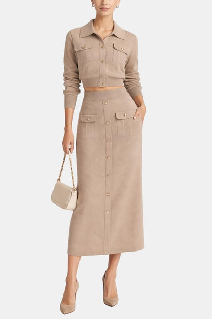 Kharis - Komplet damski dzianinowy | Krótki kardigan z guzikami, spódnica midi z wysokim stanem | Elegancki styl casual