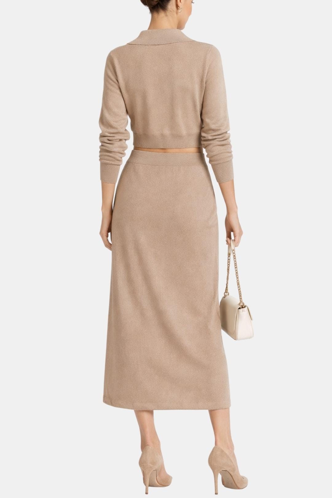 Kharis - Komplet damski dzianinowy | Krótki kardigan z guzikami, spódnica midi z wysokim stanem | Elegancki styl casual