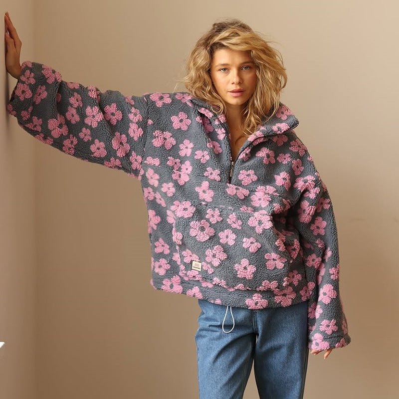 Sweter damski oversize | kwiatowy wzór, dzianina
