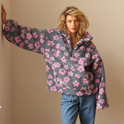 Sweter damski oversize | kwiatowy wzór, dzianina