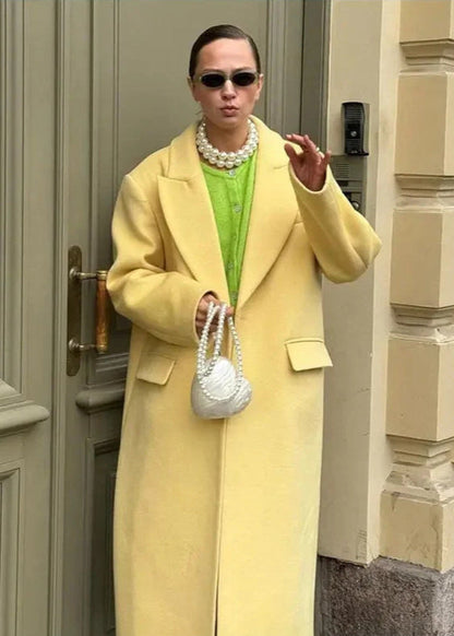 Marisol - Płaszcz damski żółty | Krój oversize, miękki materiał, klasyczny fason | Elegancki styl na wiosnę