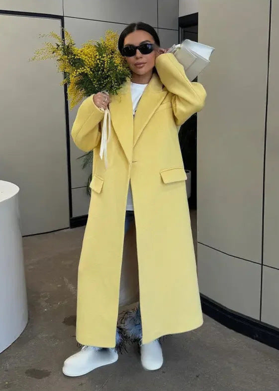 Marisol - Płaszcz damski żółty | Krój oversize, miękki materiał, klasyczny fason | Elegancki styl na wiosnę