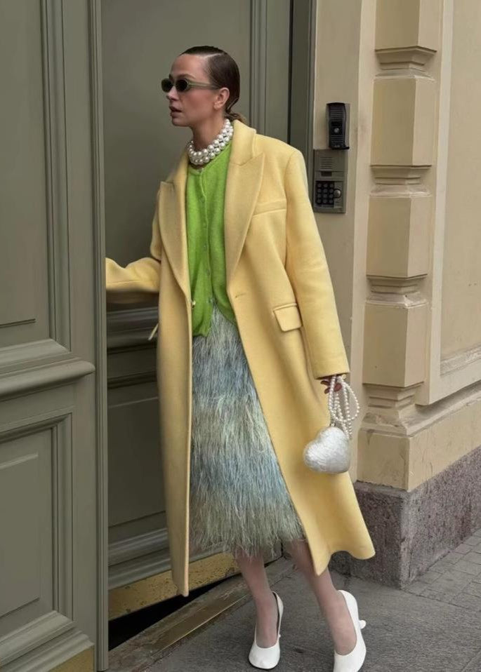 Marisol - Płaszcz damski żółty | Krój oversize, miękki materiał, klasyczny fason | Elegancki styl na wiosnę