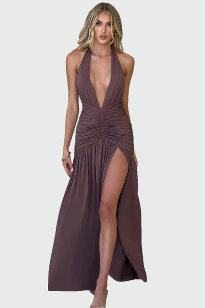 Vanessa - Sukienka midi damska na halterze | Rozcięcie na nodze, liliowy kolor | Elegancki styl wieczorowy