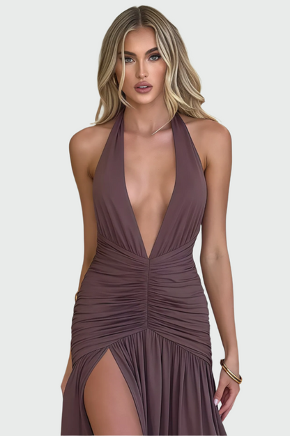Vanessa - Sukienka midi damska na halterze | Rozcięcie na nodze, liliowy kolor | Elegancki styl wieczorowy