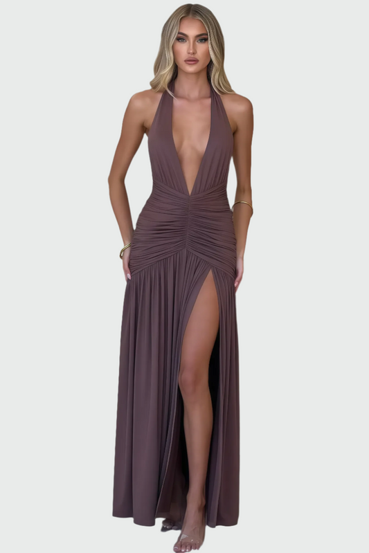 Vanessa - Sukienka midi damska na halterze | Rozcięcie na nodze, liliowy kolor | Elegancki styl wieczorowy
