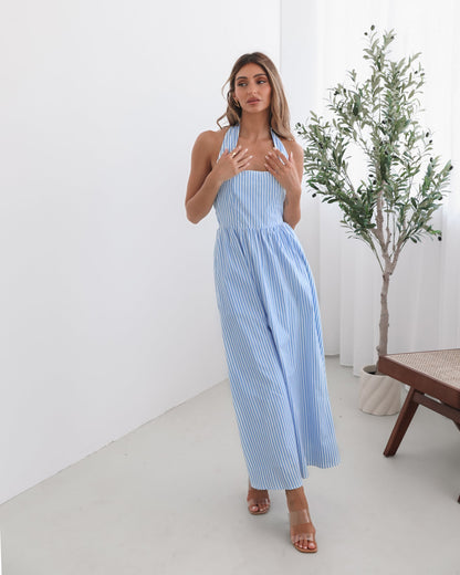 Sukienka maxi | wzór w paski, dekolt halter
