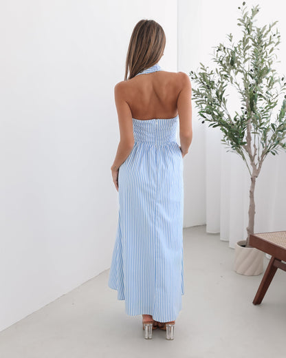 Sukienka maxi | wzór w paski, dekolt halter
