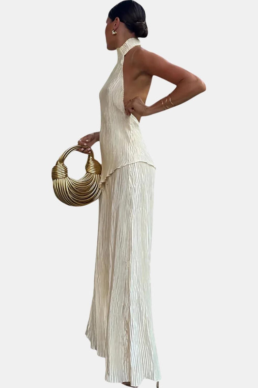 Komplet plisowany damski | top halter, odkryte plecy