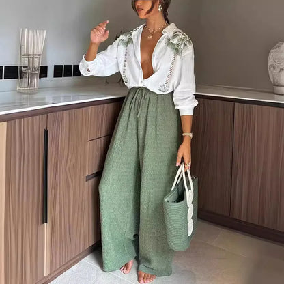 Callie - Komplet damski letni | Luźne spodnie, biała bluzka, wzór | Casualowy styl na lato