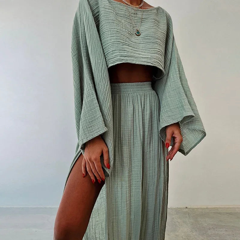 Maliyah - Komplet damski dwuczęściowy | Crop top z długim rękawem, długa spódnica z rozcięciami | Elegancki styl na wyjście