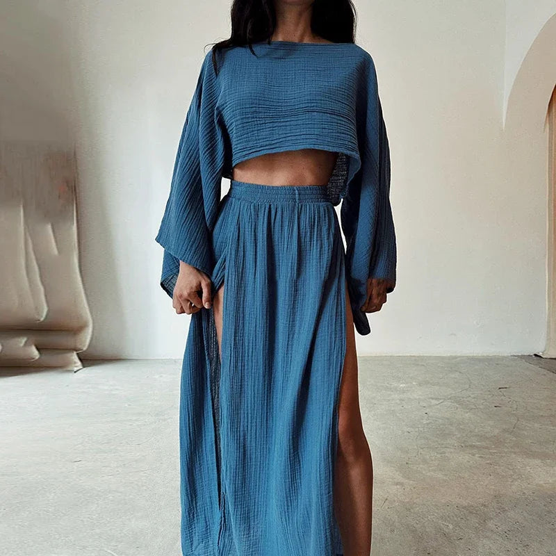 Maliyah - Komplet damski dwuczęściowy | Crop top z długim rękawem, długa spódnica z rozcięciami | Elegancki styl na wyjście