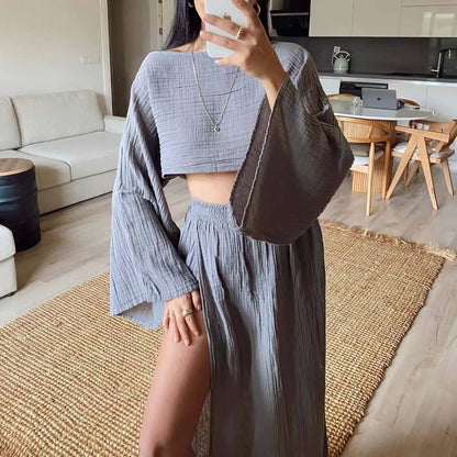 Maliyah - Komplet damski dwuczęściowy | Crop top z długim rękawem, długa spódnica z rozcięciami | Elegancki styl na wyjście