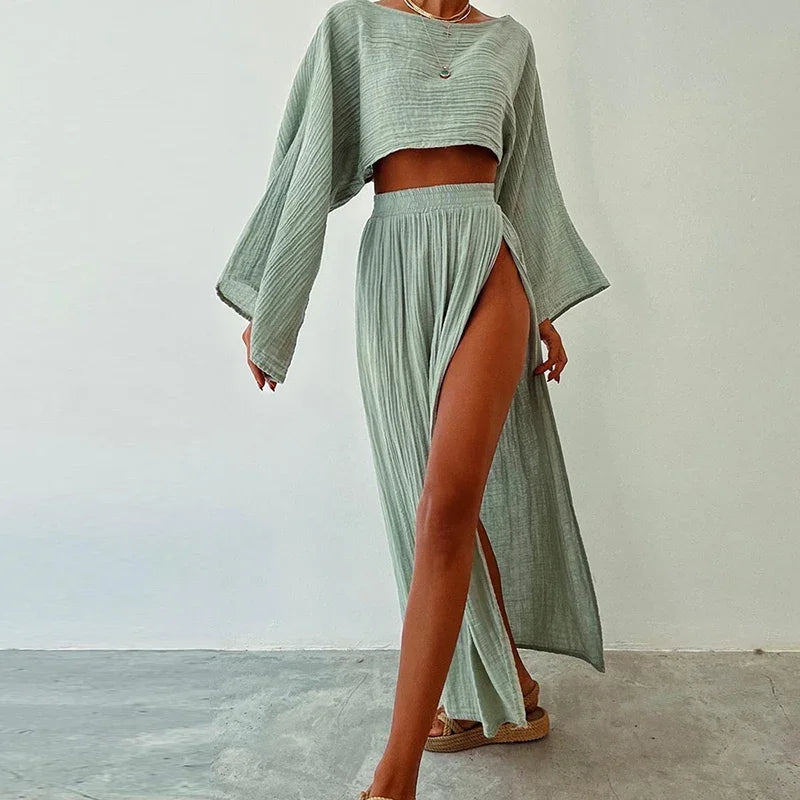 Maliyah - Komplet damski dwuczęściowy | Crop top z długim rękawem, długa spódnica z rozcięciami | Elegancki styl na wyjście