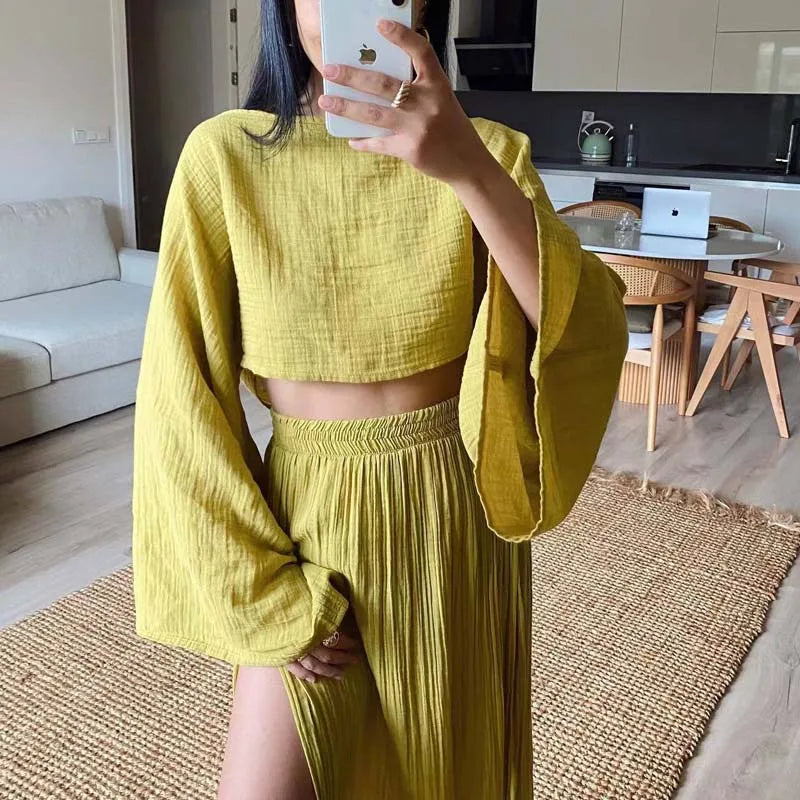 Maliyah - Komplet damski dwuczęściowy | Crop top z długim rękawem, długa spódnica z rozcięciami | Elegancki styl na wyjście