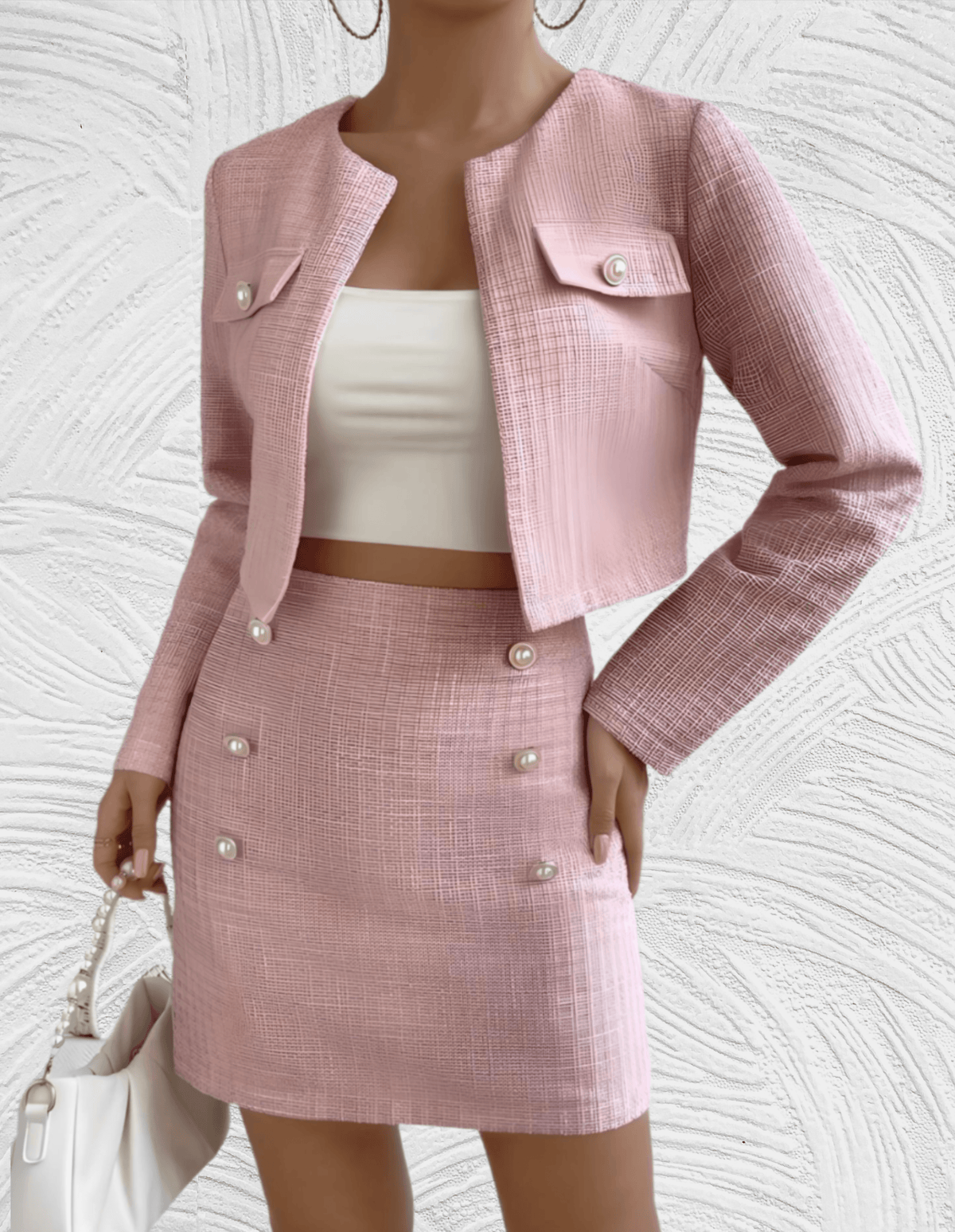 Komplet damski tweedowy różowy | Krótka marynarka, spódnica | Elegancki styl na uroczystość