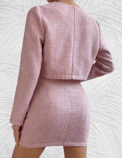 Komplet damski tweedowy różowy | Krótka marynarka, spódnica | Elegancki styl na uroczystość