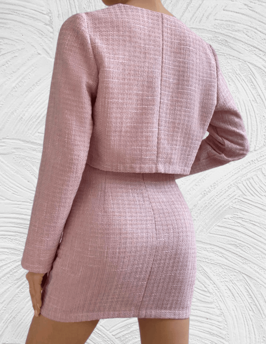 Komplet damski tweedowy różowy | Krótka marynarka, spódnica | Elegancki styl na uroczystość