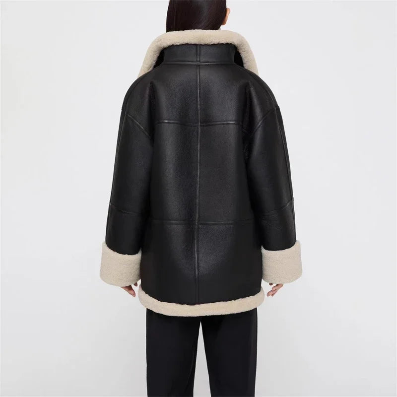 Kurtka damska | shearling, szeroki kołnierz