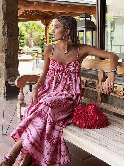 Sukienka maxi boho | haft, frędzle
