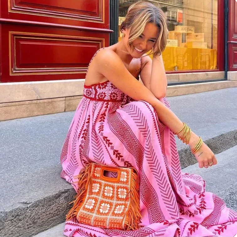 Sukienka maxi boho | haft, frędzle