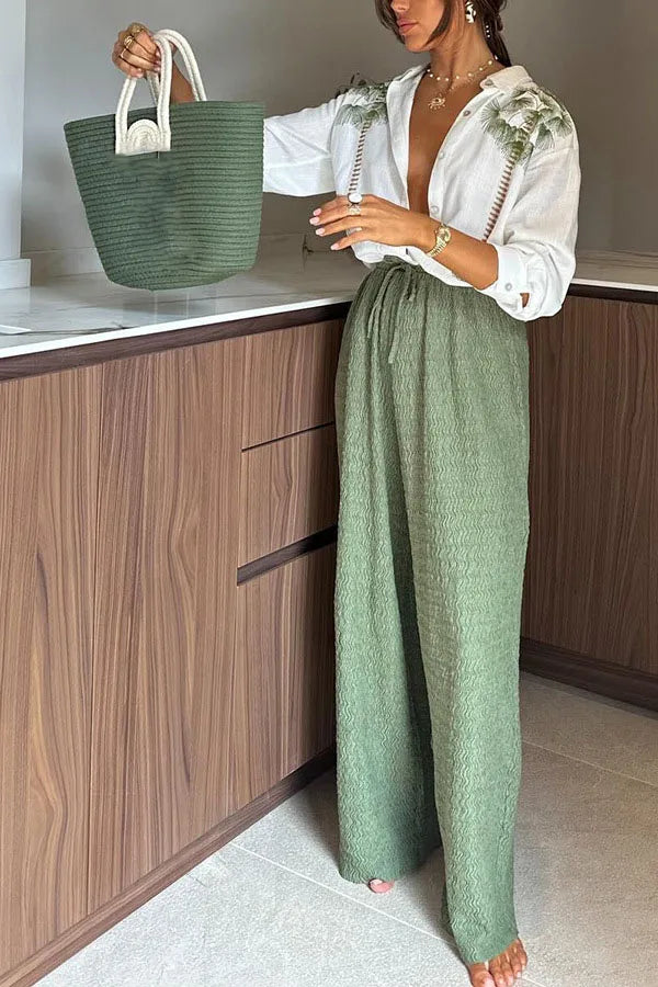 Callie - Komplet damski letni | Luźne spodnie, biała bluzka, wzór | Casualowy styl na lato