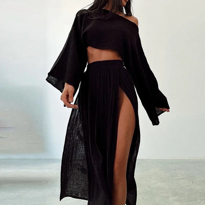 Maliyah - Komplet damski dwuczęściowy | Crop top z długim rękawem, długa spódnica z rozcięciami | Elegancki styl na wyjście