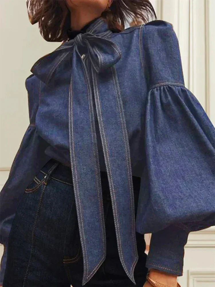 Bluzka damska | efekt denimu, kołnierz z kokardą