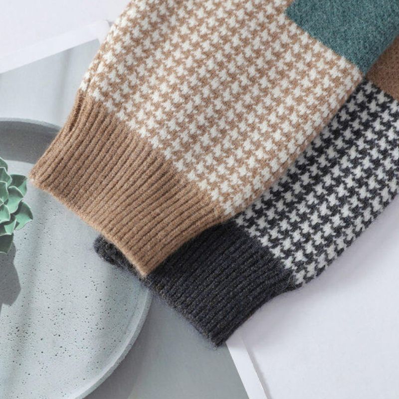 Sweter męski | wzór pied-de-poule, kontrastowe rękawy