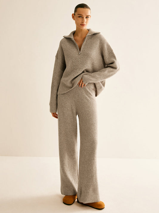 Chassidy - Komplet damski loungewear | Prążkowana bluza z zamkiem, szerokie spodnie, domieszka wełny | Styl casual do domu