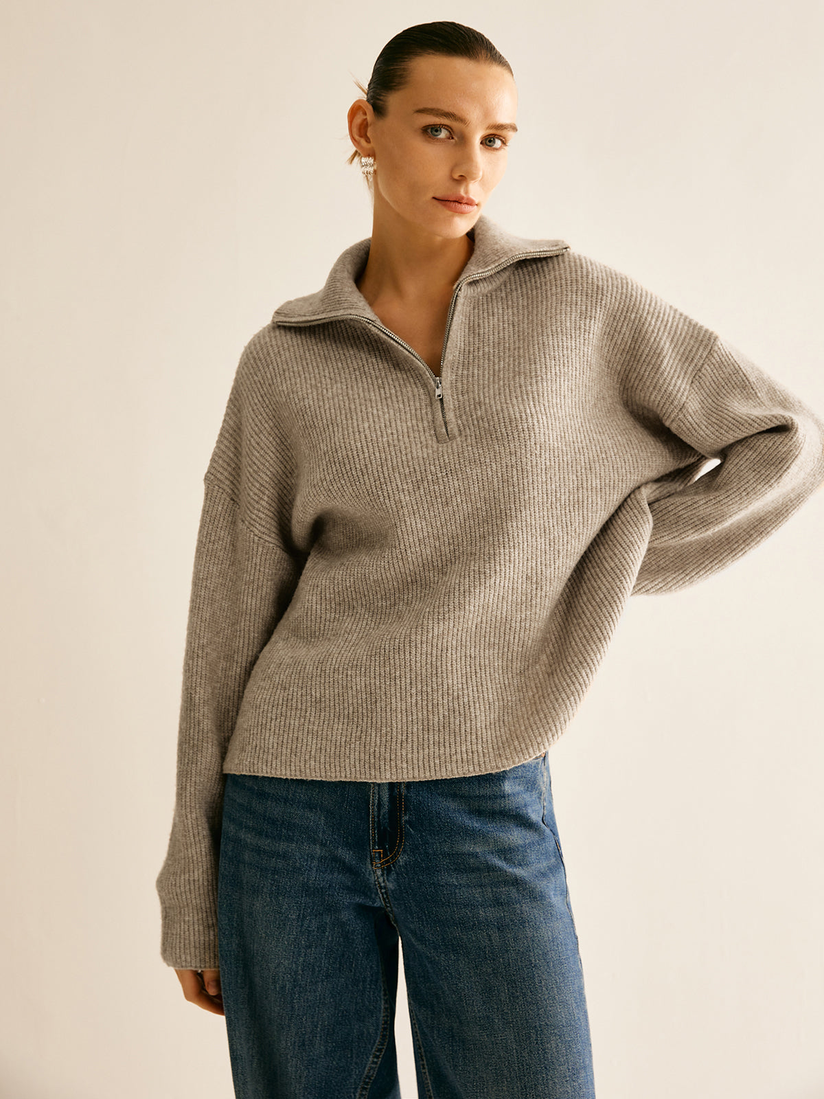 Chassidy - Komplet damski loungewear | Prążkowana bluza z zamkiem, szerokie spodnie, domieszka wełny | Styl casual do domu