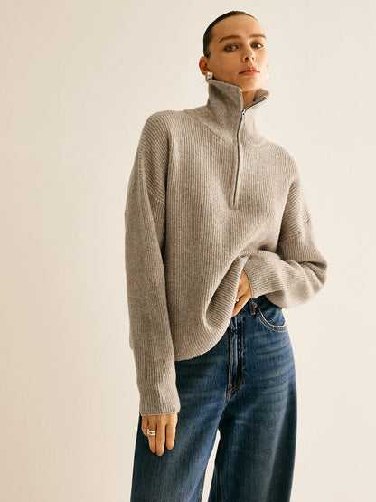 Chassidy - Komplet damski loungewear | Prążkowana bluza z zamkiem, szerokie spodnie, domieszka wełny | Styl casual do domu