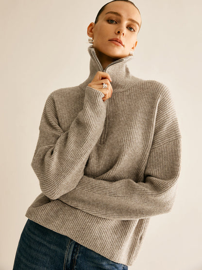 Chassidy - Komplet damski loungewear | Prążkowana bluza z zamkiem, szerokie spodnie, domieszka wełny | Styl casual do domu