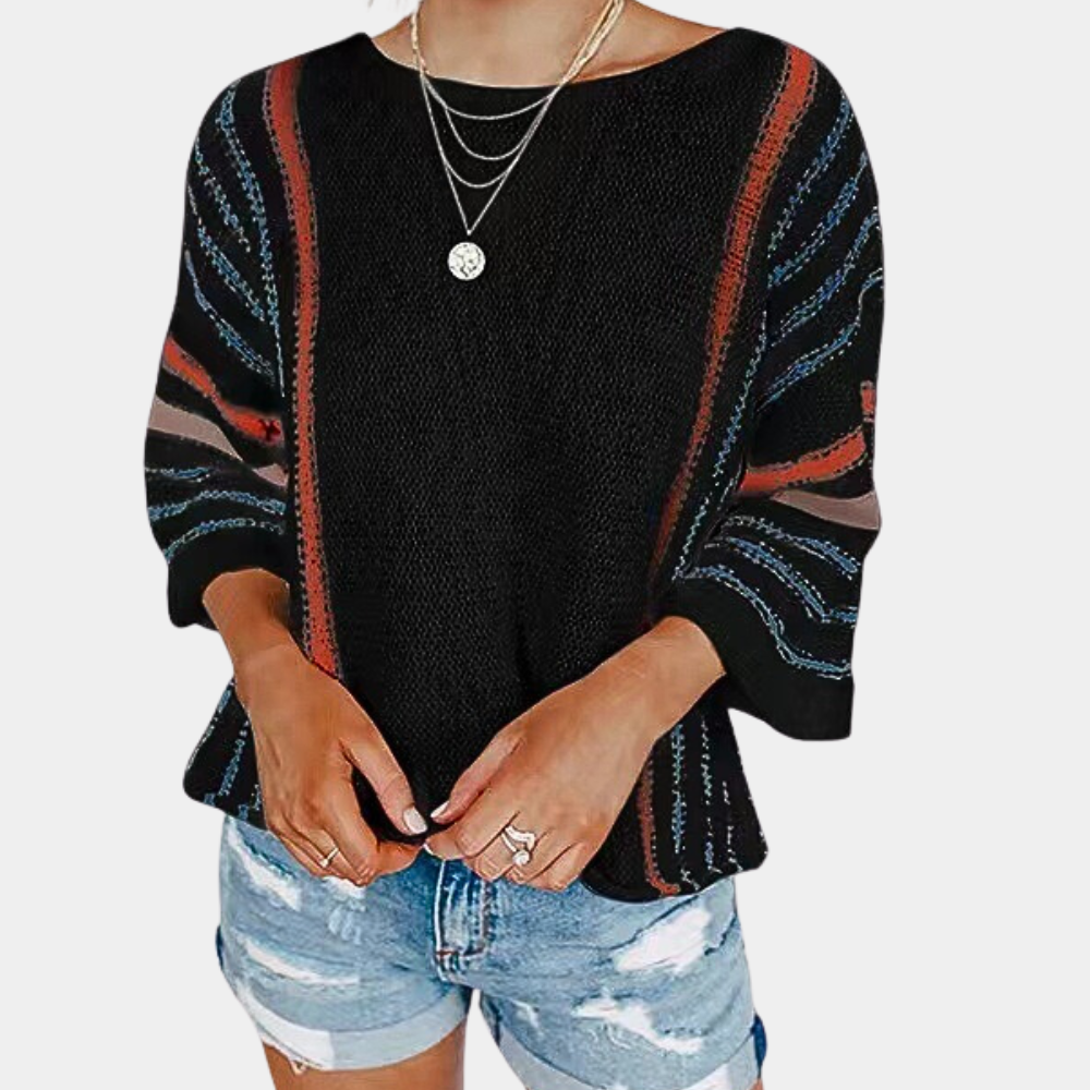 Sweter damski | kolorowe paski, rękawy 3/4