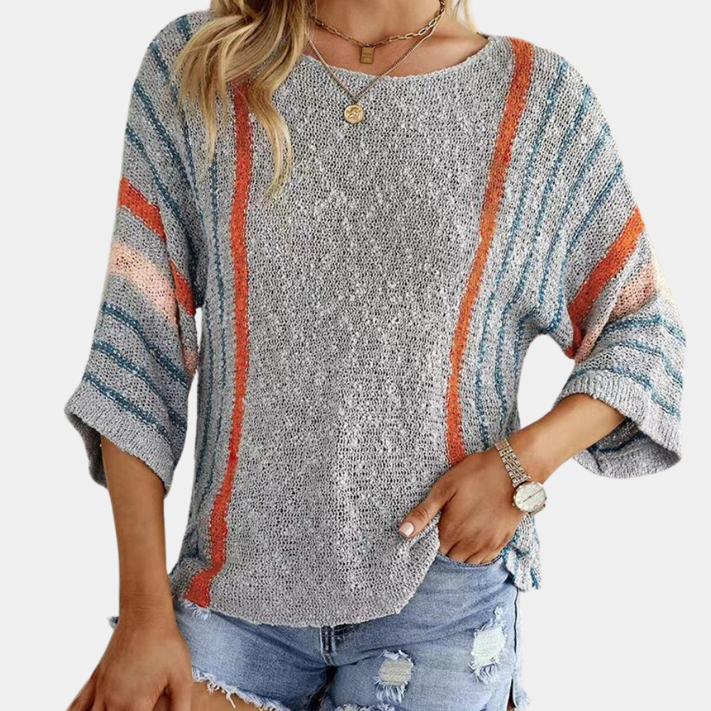 Sweter damski | kolorowe paski, rękawy 3/4