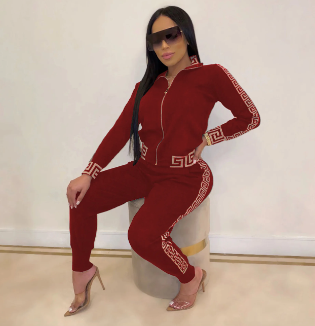 Komplet dresowy damski | Bluza z zamkiem, dekoracyjne akcenty na rękawach, pasujące spodnie | Elegancki styl casual