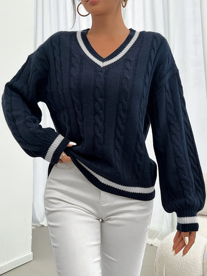 Sweter damski | dekolt V, warkoczowy splot