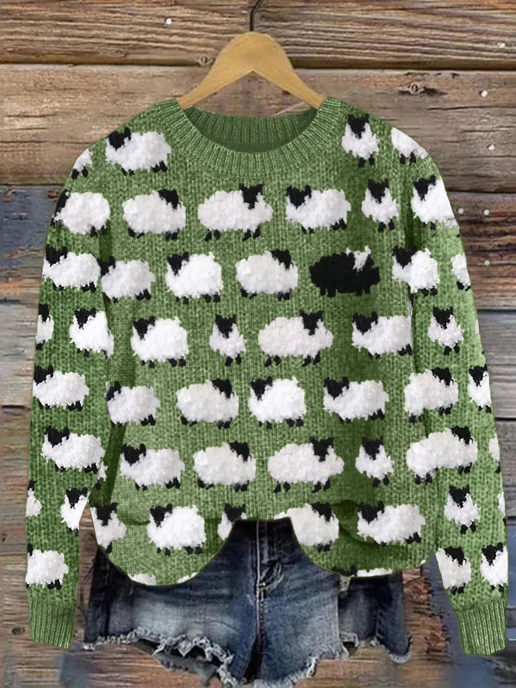 Sweter damski z wełny | Luźny krój, okrągły dekolt, wzór w owce | Styl casual na jesień