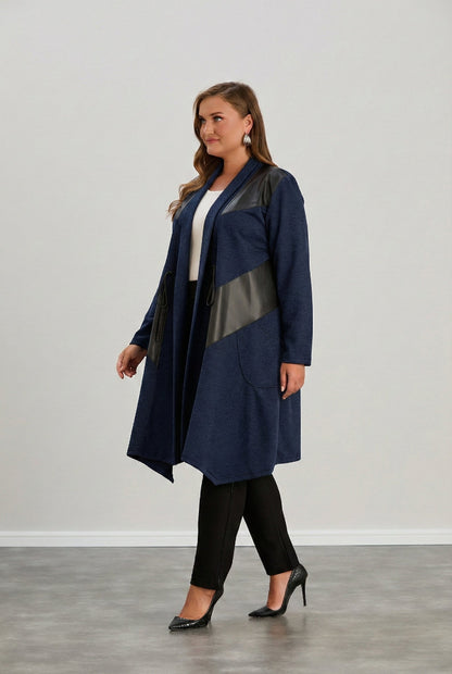 Kardigan damski | plus size, ekoskórzane detale