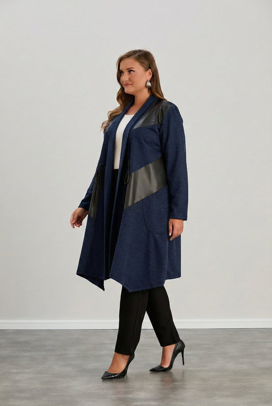 Kardigan damski | plus size, ekoskórzane detale
