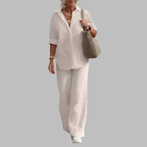Florisa - Komplet damski letni | Lekka bluzka, dopasowane spodnie, luźny krój | Casualowy styl na plażę