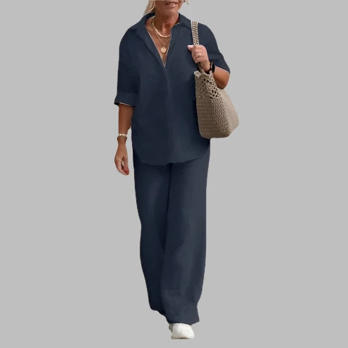 Florisa - Komplet damski letni | Lekka bluzka, dopasowane spodnie, luźny krój | Casualowy styl na plażę