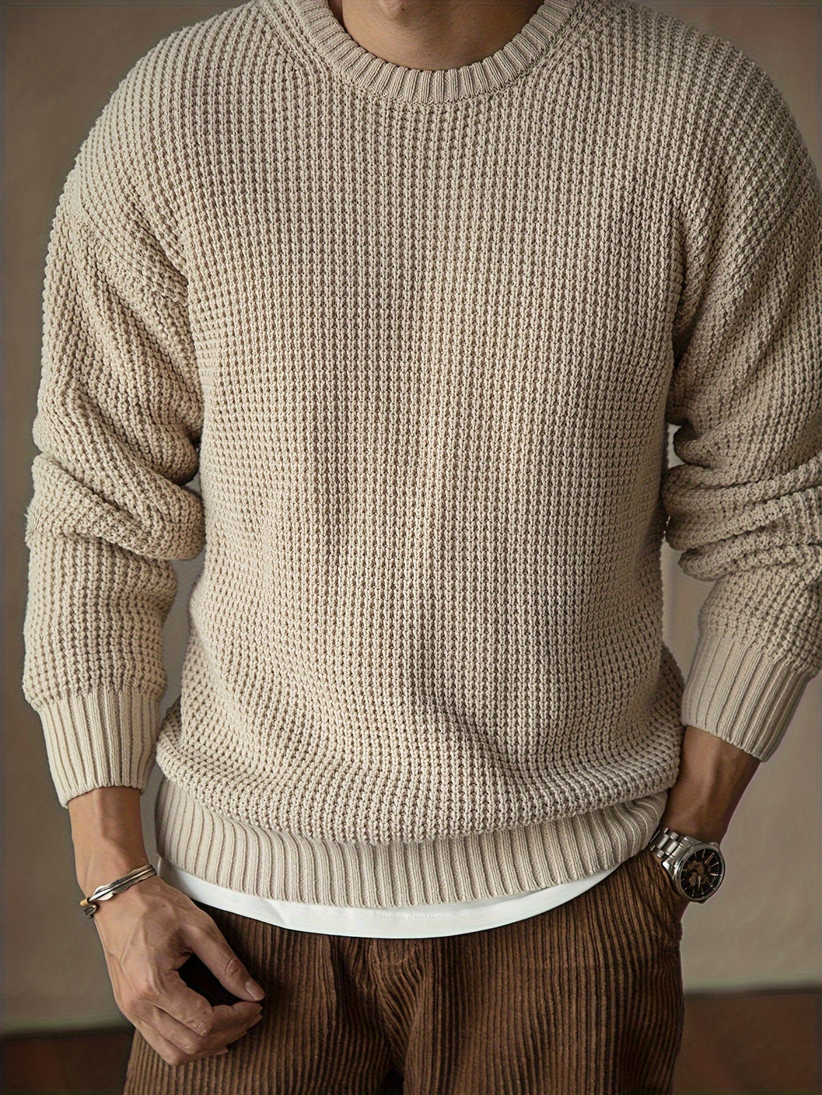 Sweter męski | teksturowana dzianina, okrągły dekolt