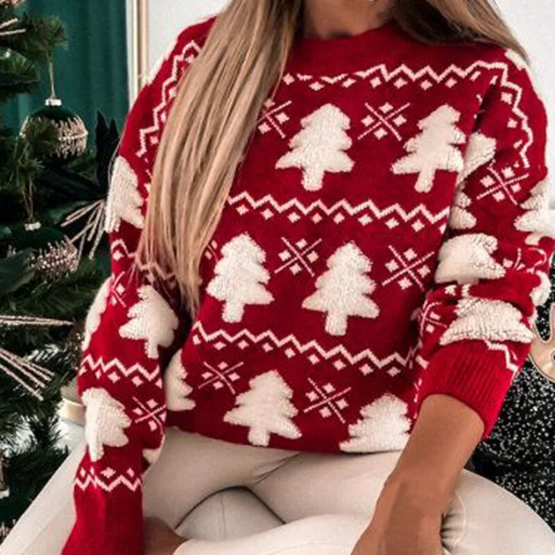 Sweter damski | wzór drzewa, żebrowane rękawy