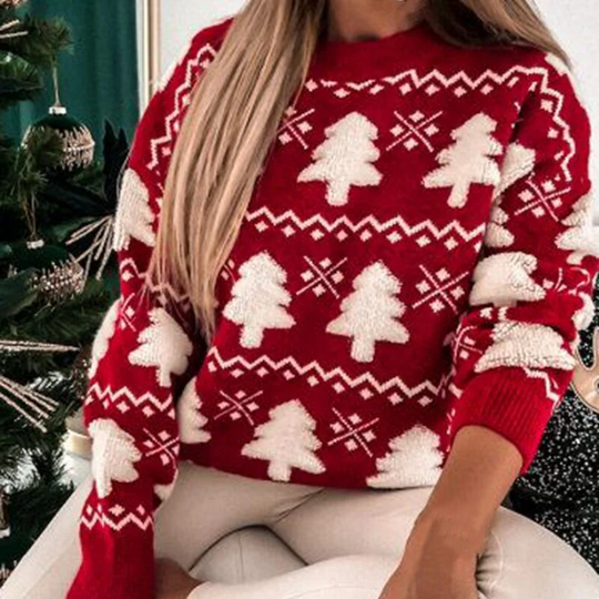 Sweter damski | wzór drzewa, żebrowane rękawy