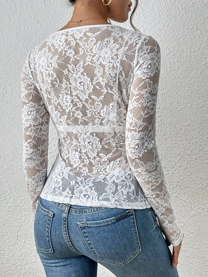 Bluzka damska koronkowa | Koronkowe detale, okrągły dekolt, prosty dół | Elegancki styl na wieczór